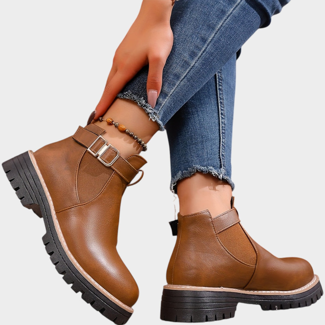 Women’s Chelsea Boots Chunky Heel Metal Buckle Thick Sole