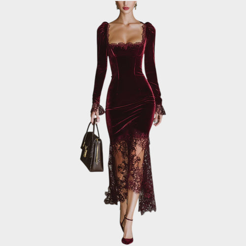 Women's Cocktail Dress Midi Velvet Lace Square Neck