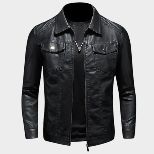 Men's Leather Trucker Jacket | Casual Zip-Up Shirt Collar Coat