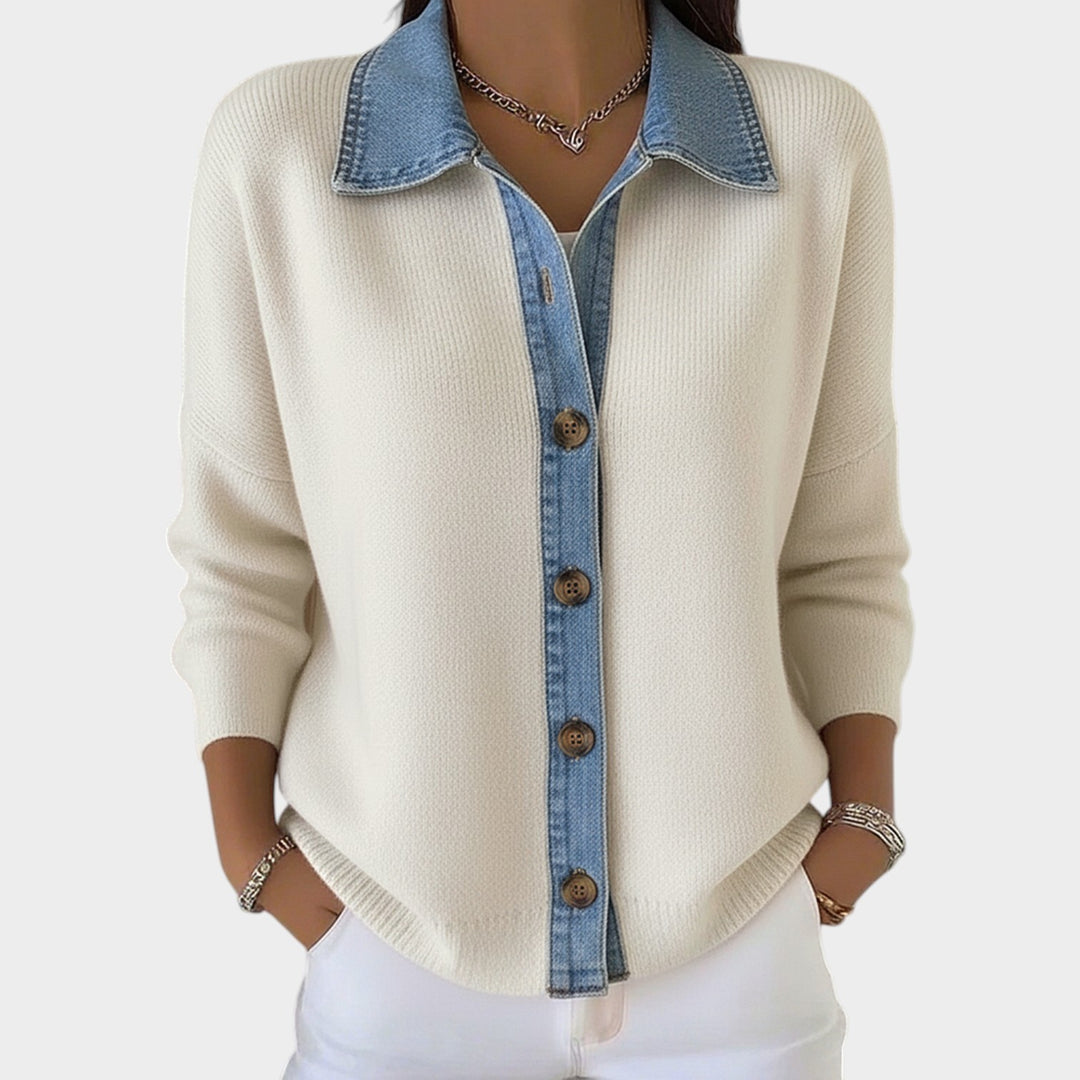 Women’s Knit Cardigan Polo Collar Denim Patch Button Front