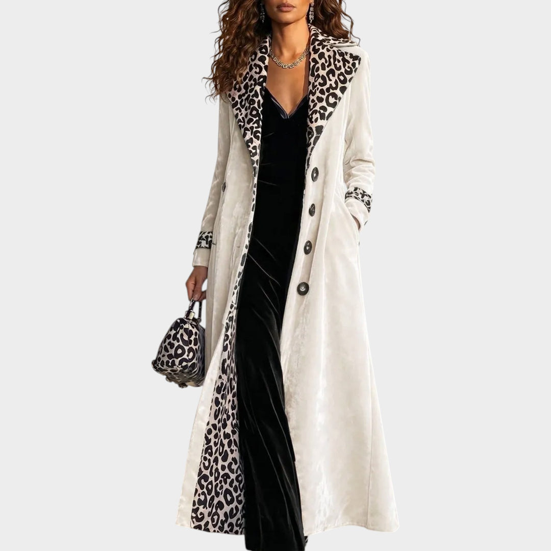 Women’s Velvet Long Coat Leopard Print Color Block