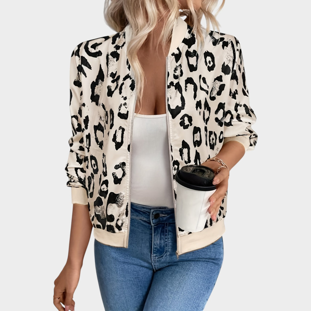 Women’s Bomber Jacket Casual Leopard Print Zip Up