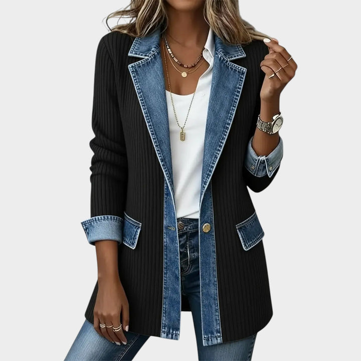 Denim-Trim Ribbed Knit Cardigan
