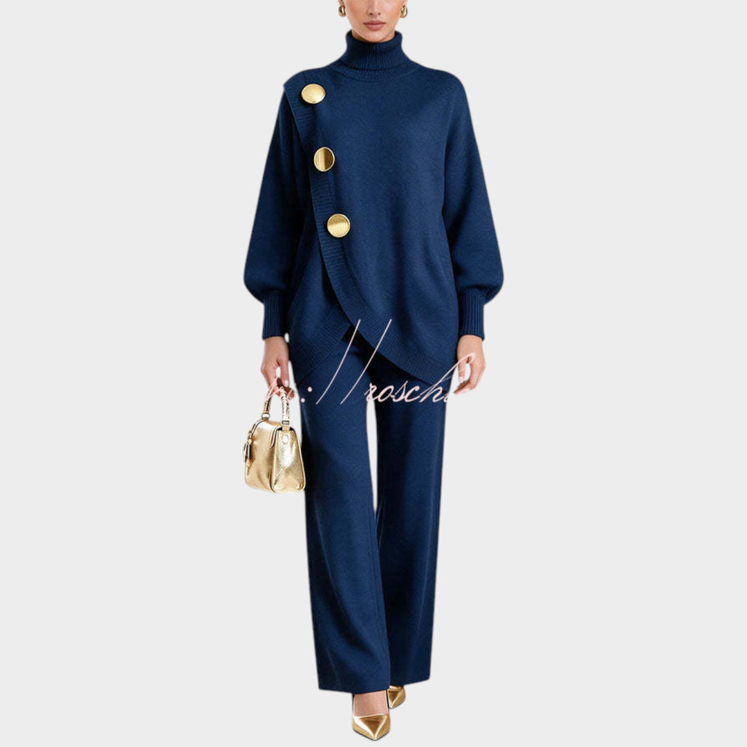 Women’s Knit Top and Pants Set Asymmetric Button Wide Leg