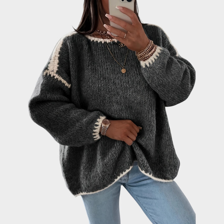 Women’s Knit Sweater Solid Contrast Boat Neck Loose Fit