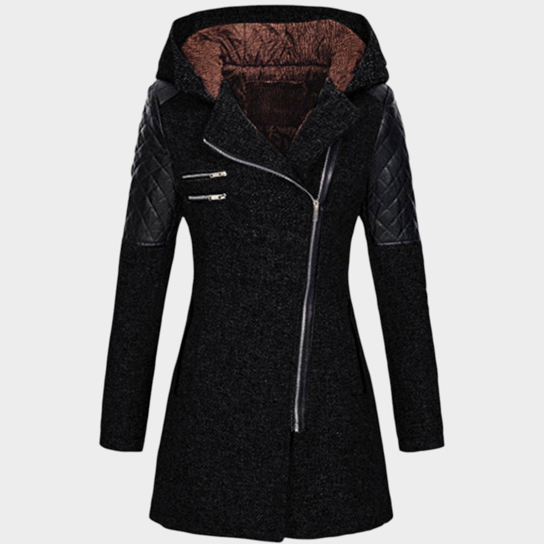 Women’s Hooded Coat Asymmetric Zip Front Quilted Sleeves