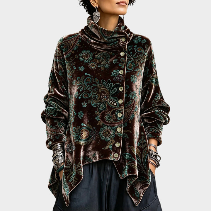 Women’s Velvet Turtleneck Top Asymmetric Button Detail