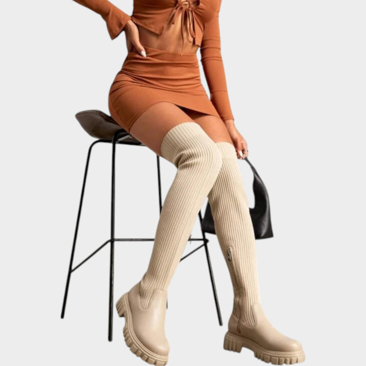 Over the Knee Ribbed Knit Chunky Sole Boots