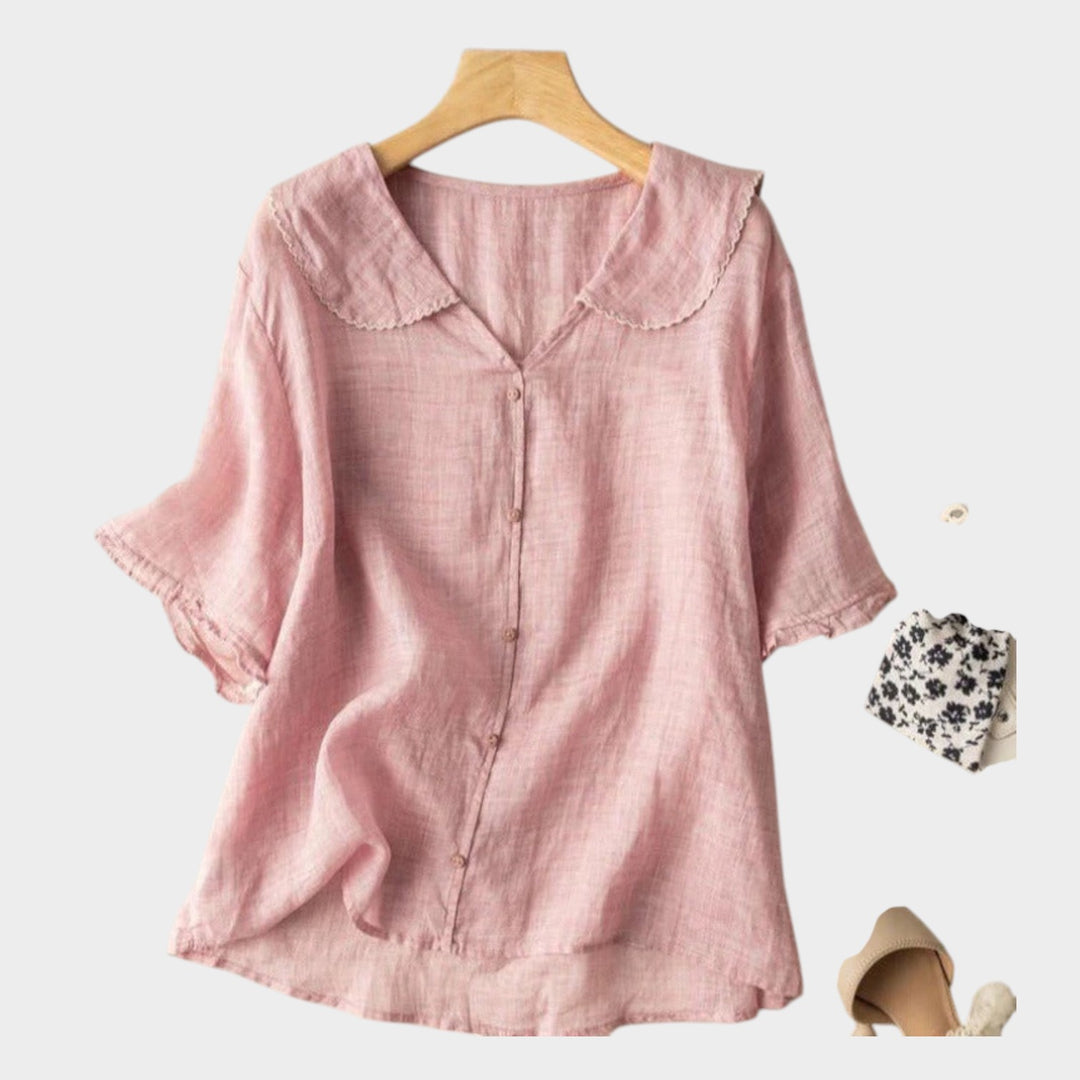 Linen Button-Up Blouse | Peter Pan Collar Casual Top
