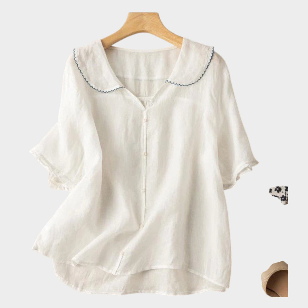 Linen Button-Up Blouse | Peter Pan Collar Casual Top