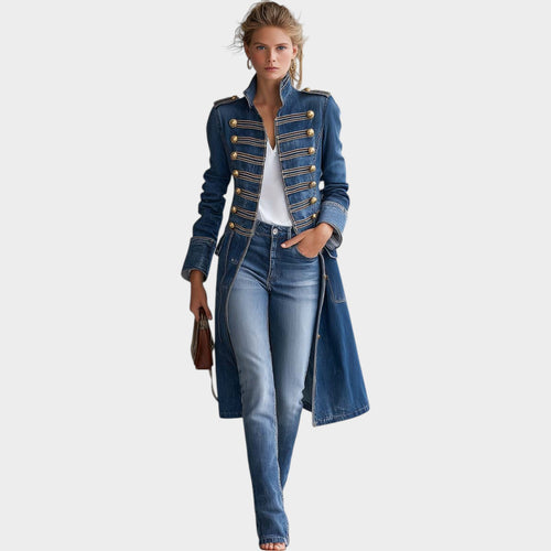 Women’s Denim Coat Longline Military Style Button Front
