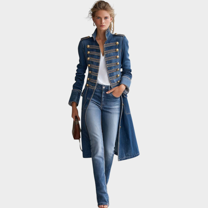 Women’s Denim Coat Longline Military Style Button Front