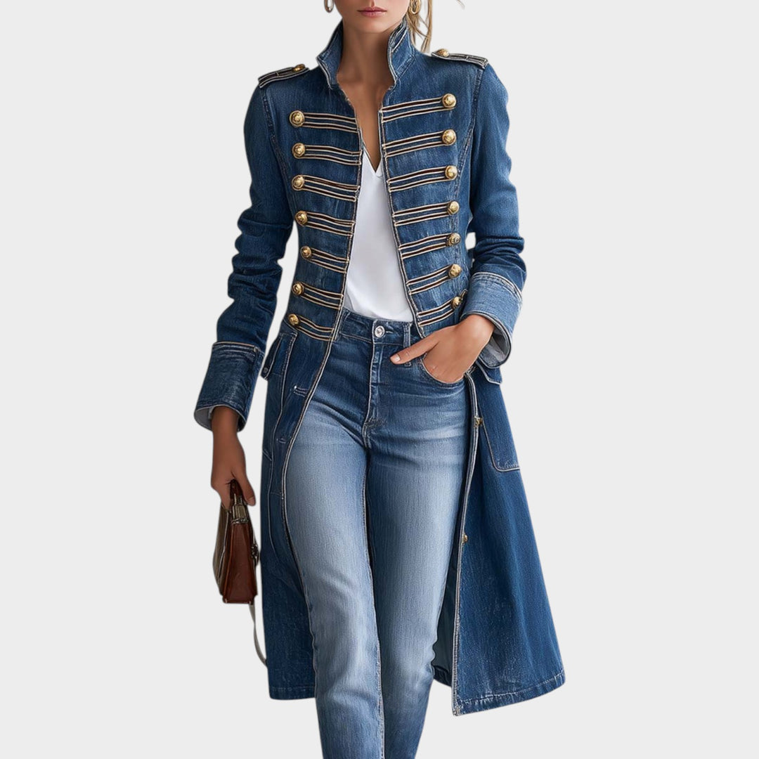 Women’s Denim Coat Longline Military Style Button Front