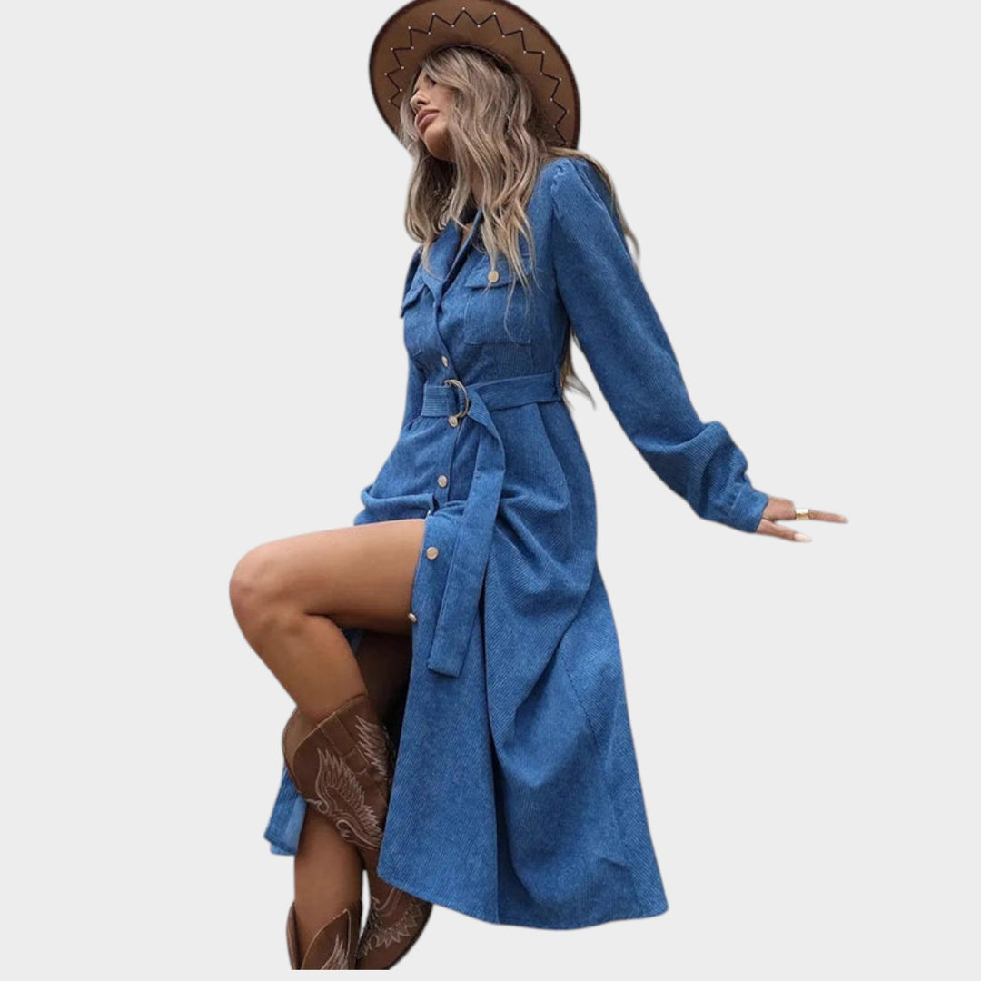 Women’s Corduroy Midi Dress Belted Shirt Style