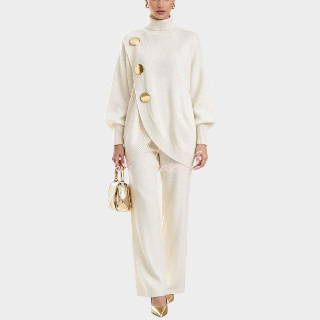 Women’s Knit Top and Pants Set Asymmetric Button Wide Leg