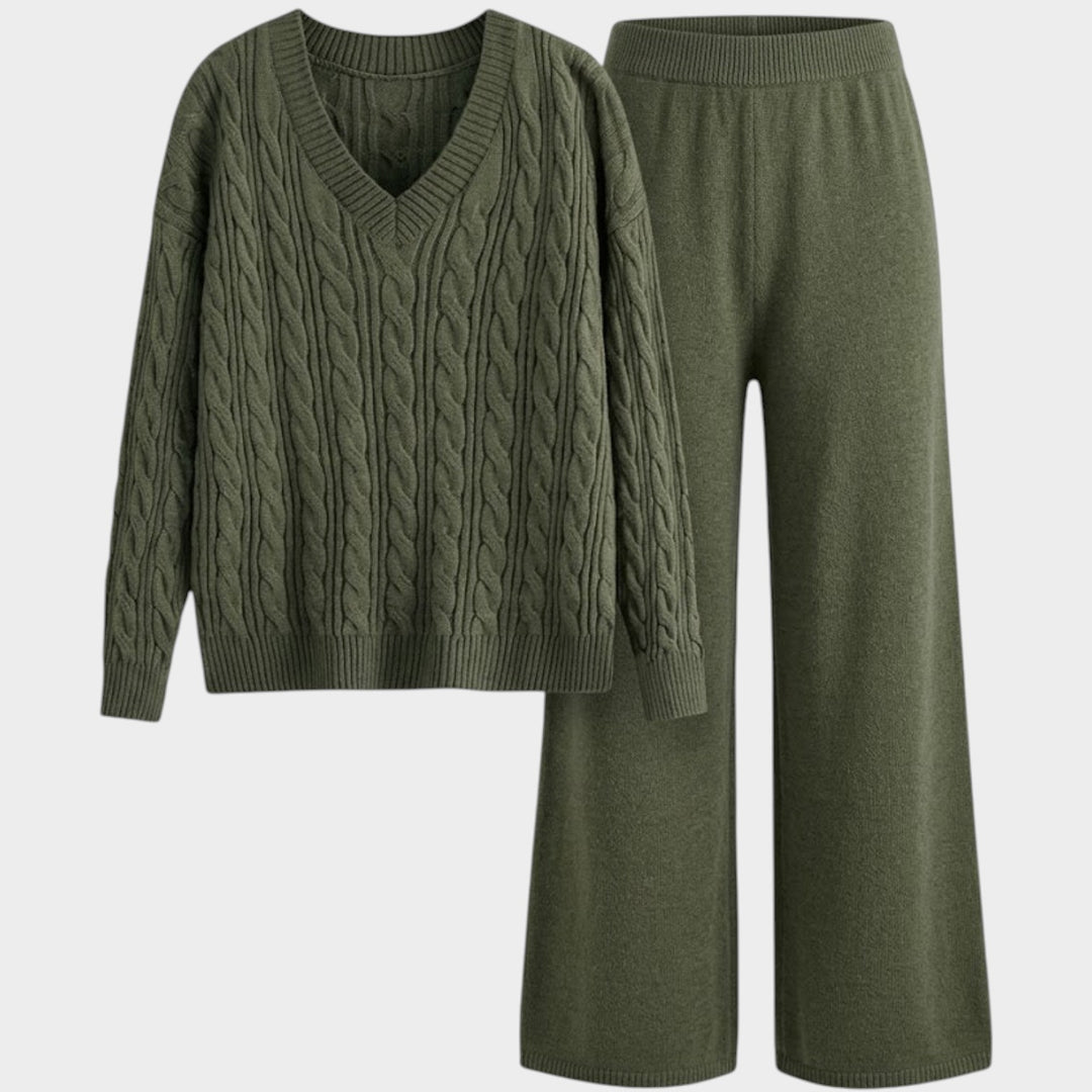 Women’s Matching Set Knit V-Neck Long Sleeve Two-Piece
