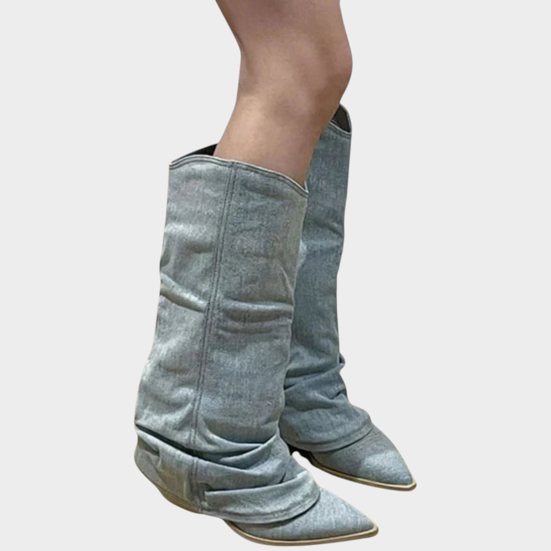 Women’s Denim Knee High Slouch Boots Insulated Flat Heel