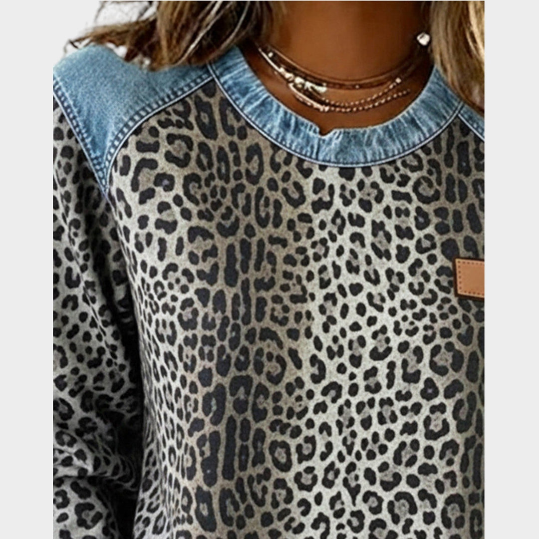 Women’s Sweater Leopard Print Denim Trim Relaxed Fit