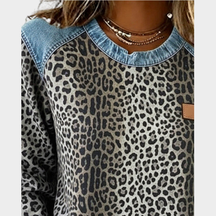 Women’s Sweater Leopard Print Denim Trim Relaxed Fit