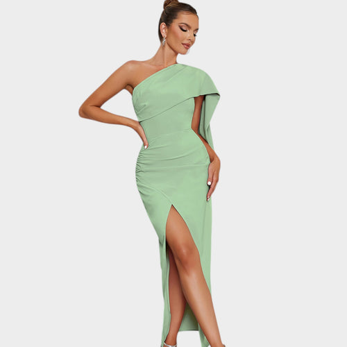 Women's One Shoulder Midi Dress | Draped Evening Gown for Formal Occasions