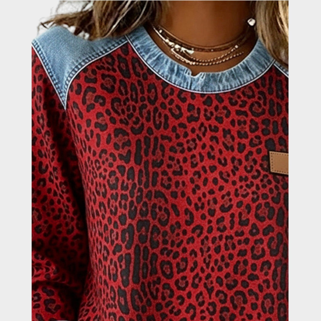Women’s Sweater Leopard Print Denim Trim Relaxed Fit