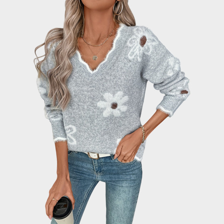 Women’s Knit Sweater Floral Pattern Long Sleeve Classic Style