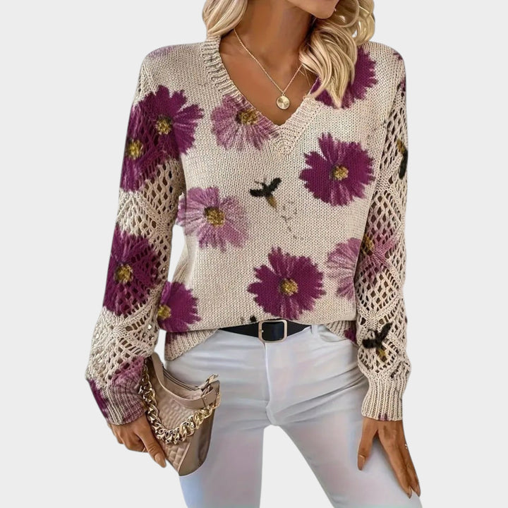 Women’s Floral Knitted Sweater Polished V Neck