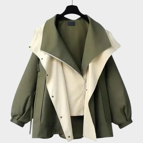 Women’s Color Block Trench Jacket Oversized Zip Front