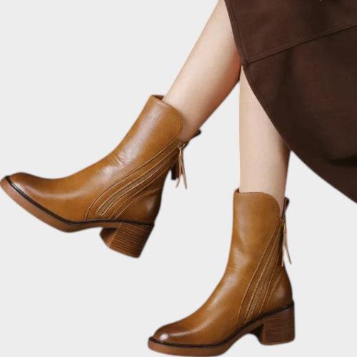 Women's Leather Ankle Boots Block Heel Side Zip