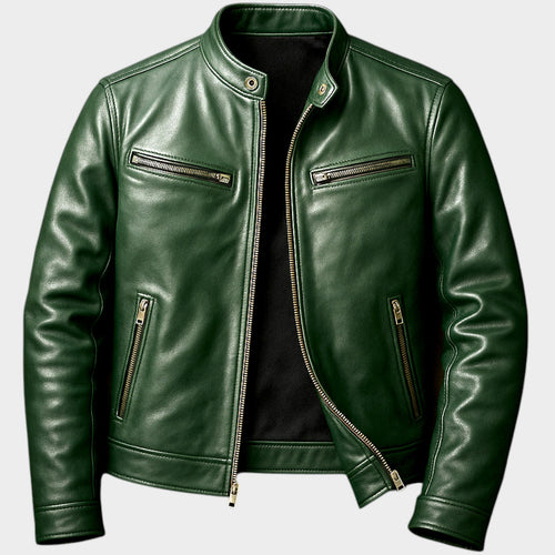 Men's Cafe Racer Leather Jacket | Stand Collar Zip-Up Outerwear