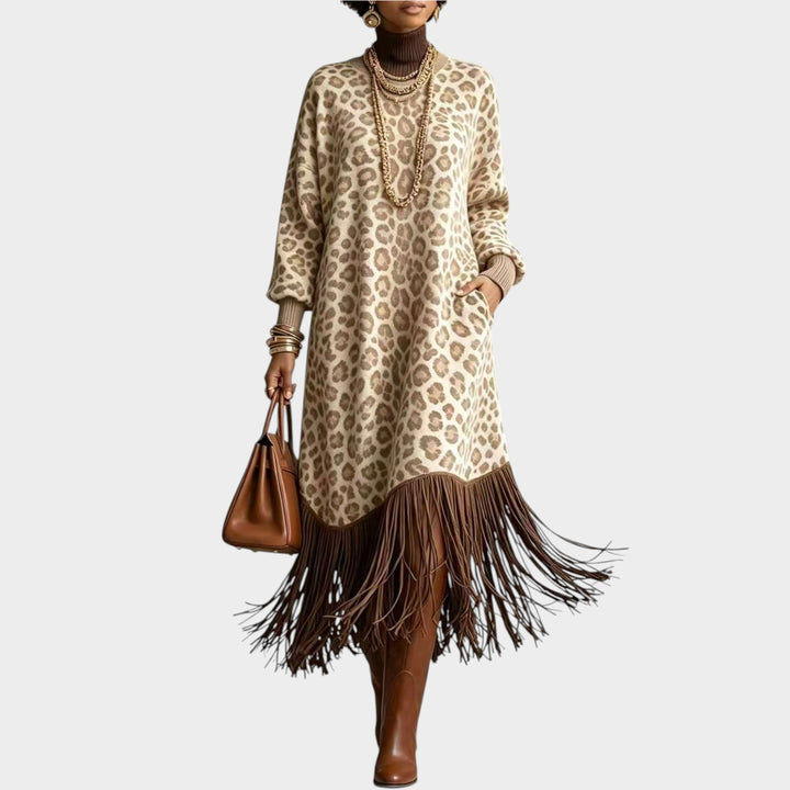 Women’s Leopard Print Dress Boho Fringe Detail