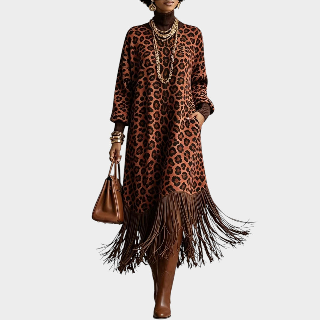 Women’s Leopard Print Dress Boho Fringe Detail
