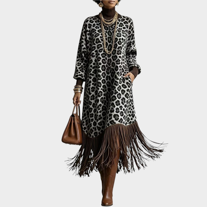 Women’s Leopard Print Dress Boho Fringe Detail