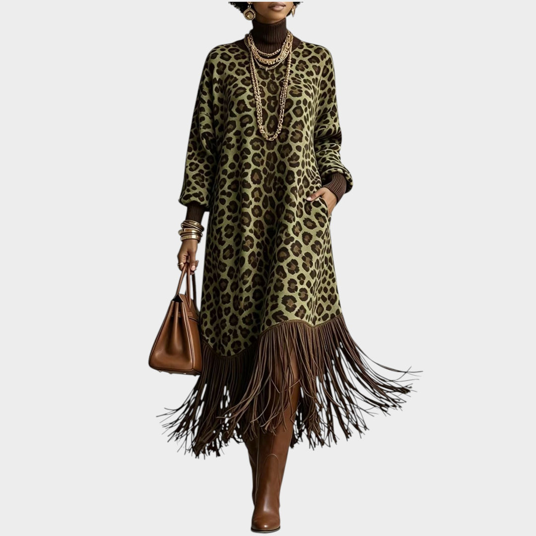 Women’s Leopard Print Dress Boho Fringe Detail