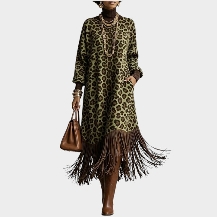 Women’s Leopard Print Dress Boho Fringe Detail
