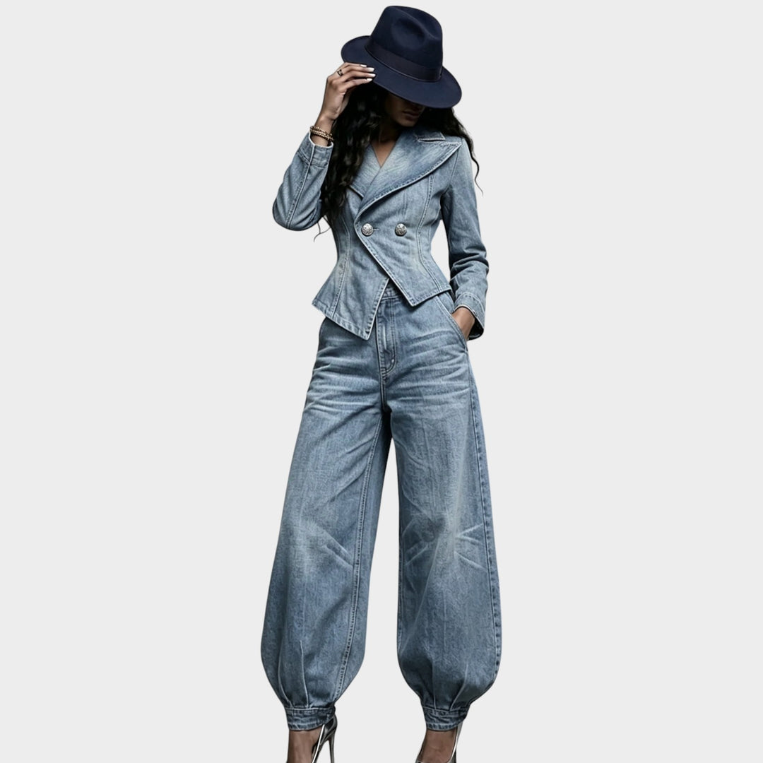 Women’s Denim Two Piece Set Cropped Blazer Balloon Pants