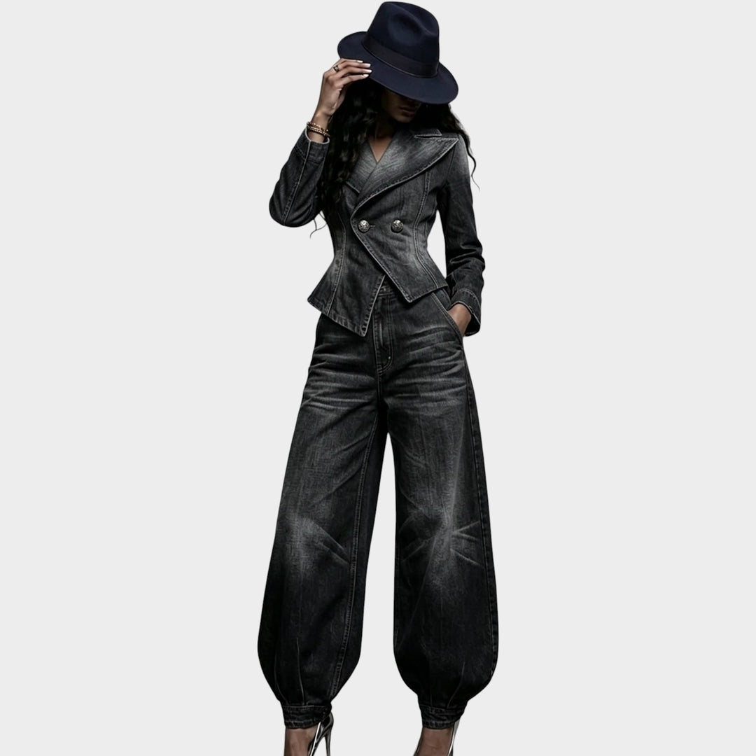 Women’s Denim Two Piece Set Cropped Blazer Balloon Pants