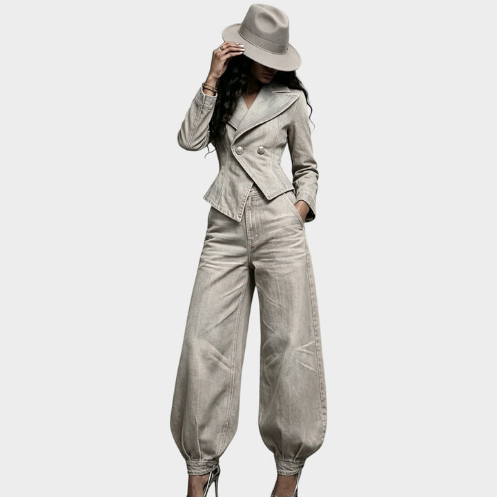 Women’s Denim Two Piece Set Cropped Blazer Balloon Pants