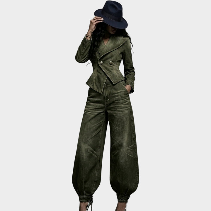 Women’s Denim Two Piece Set Cropped Blazer Balloon Pants