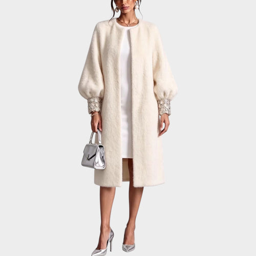 Women’s Knit Coat Open Front Balloon Sleeve Embellished Cuffs