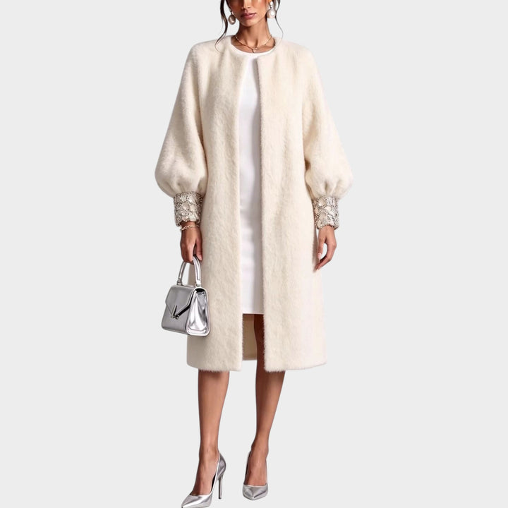 Women’s Knit Coat Open Front Balloon Sleeve Embellished Cuffs