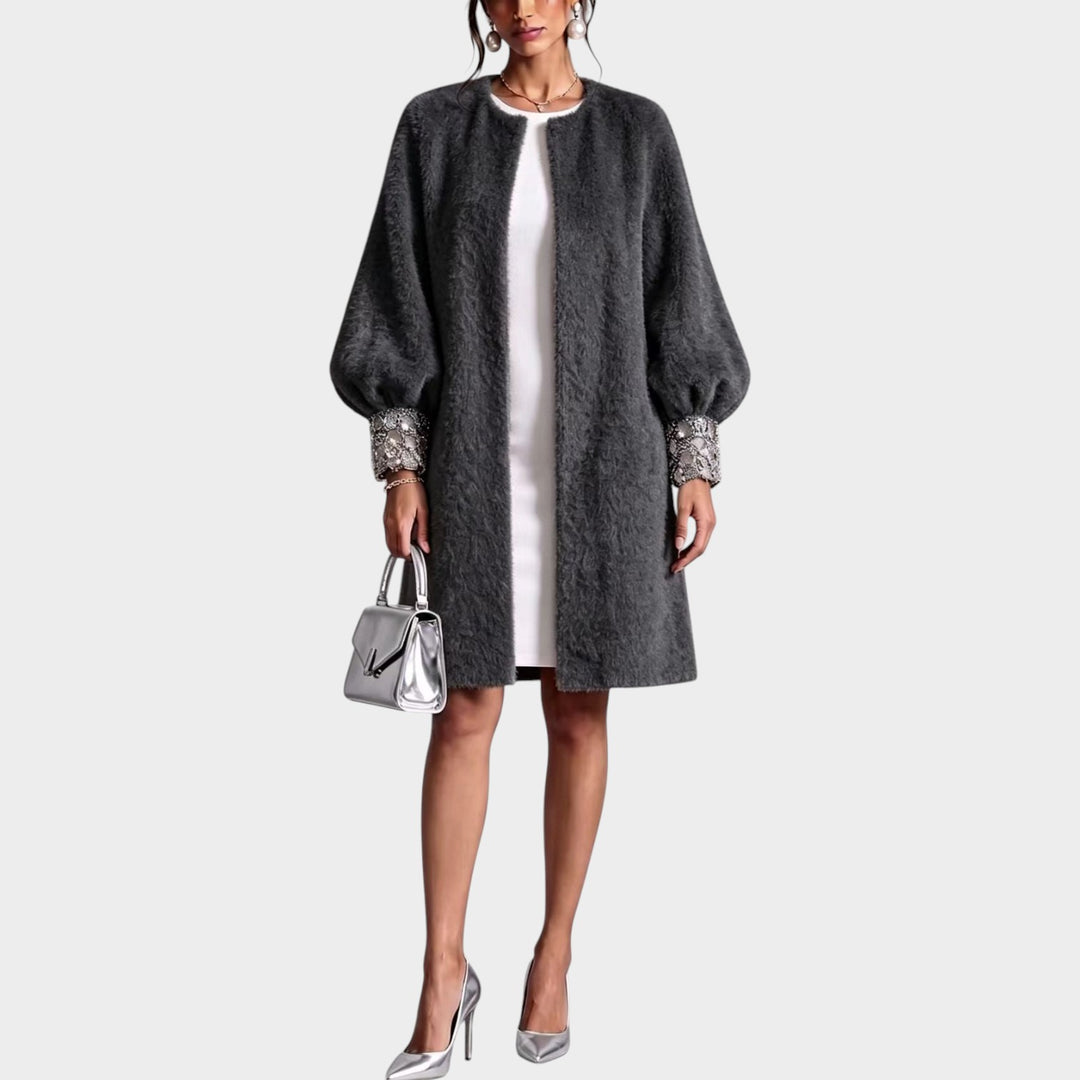 Women’s Knit Coat Open Front Balloon Sleeve Embellished Cuffs