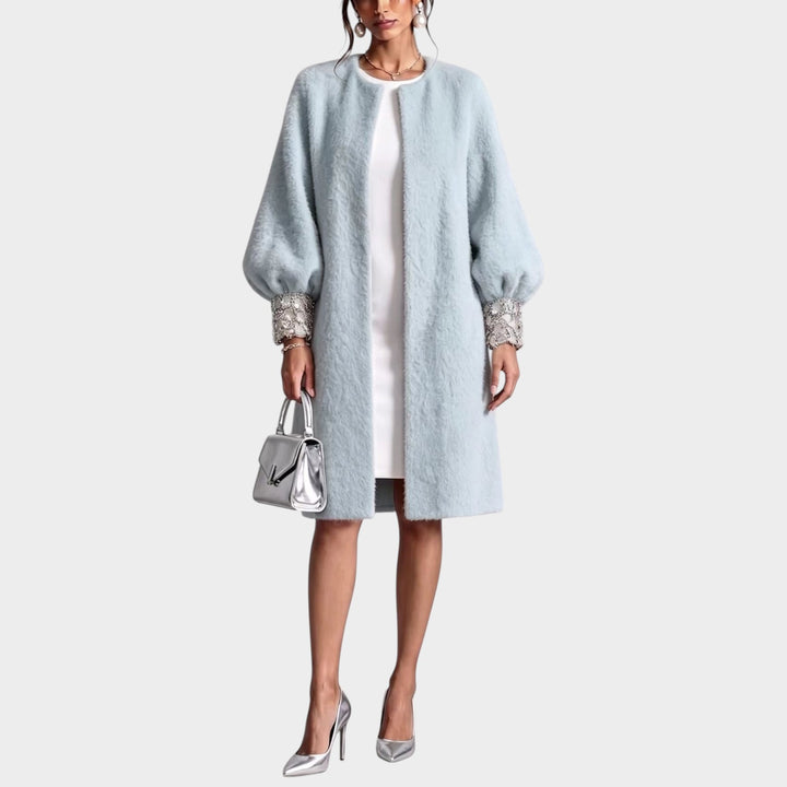 Women’s Knit Coat Open Front Balloon Sleeve Embellished Cuffs