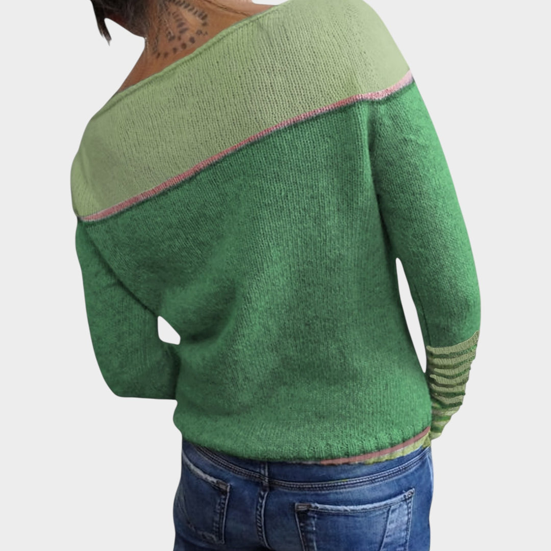 Women’s Knit Sweater Asymmetric Color Block Long Sleeve