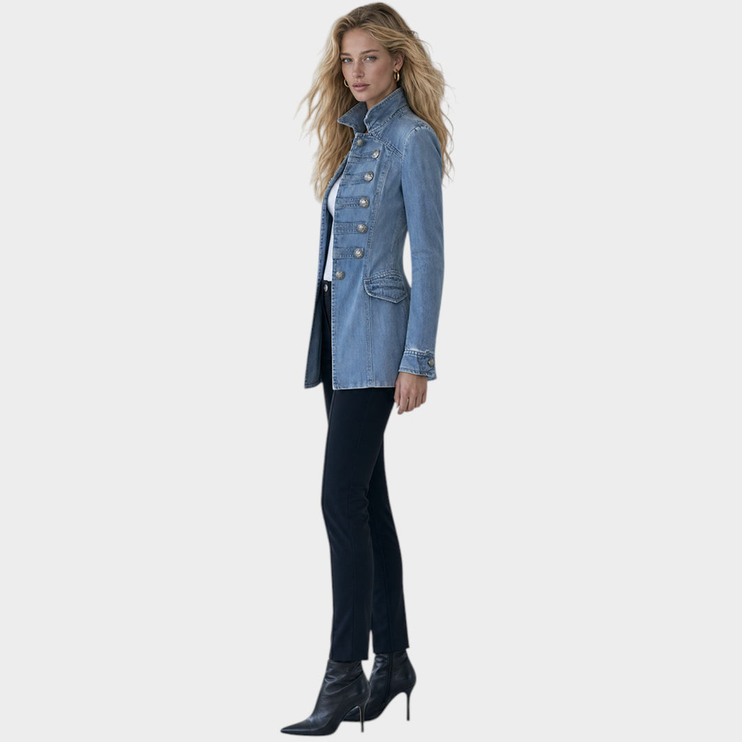 Women’s Denim Coat Military Style Double Breasted