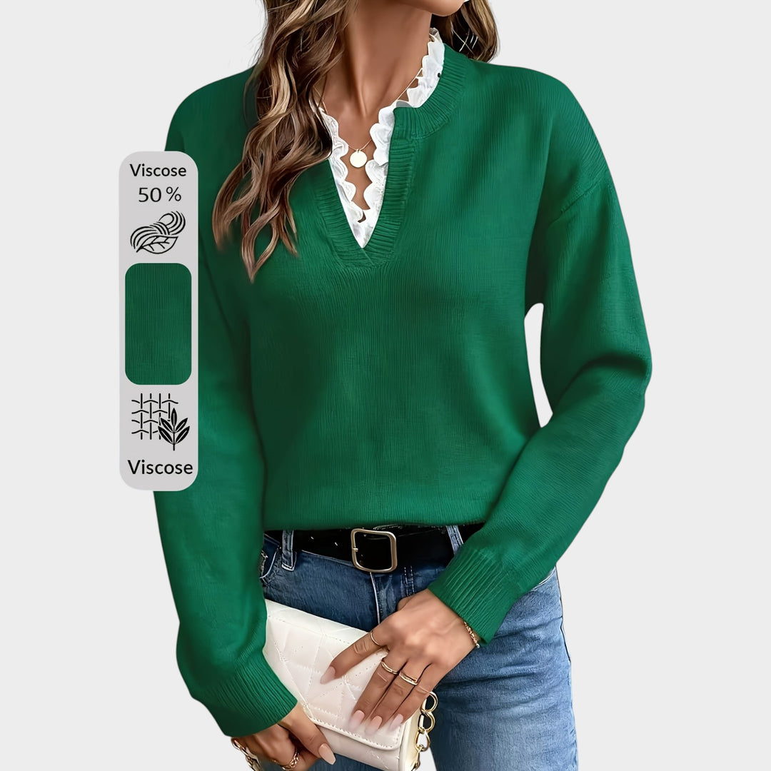 Women’s Knit Sweater Lace Collar Drop Shoulder Long Sleeve