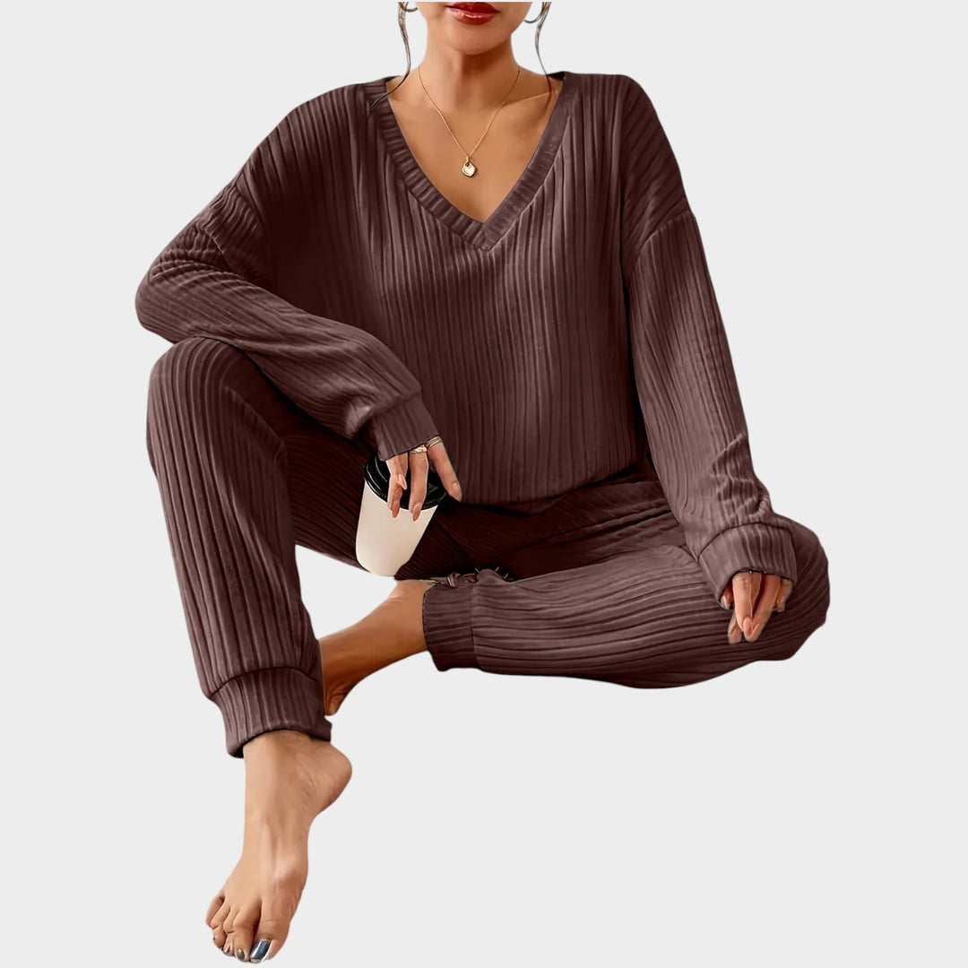 Women’s Matching Set 2 Piece Lounge Set Casual V Neck Ribbed Knit