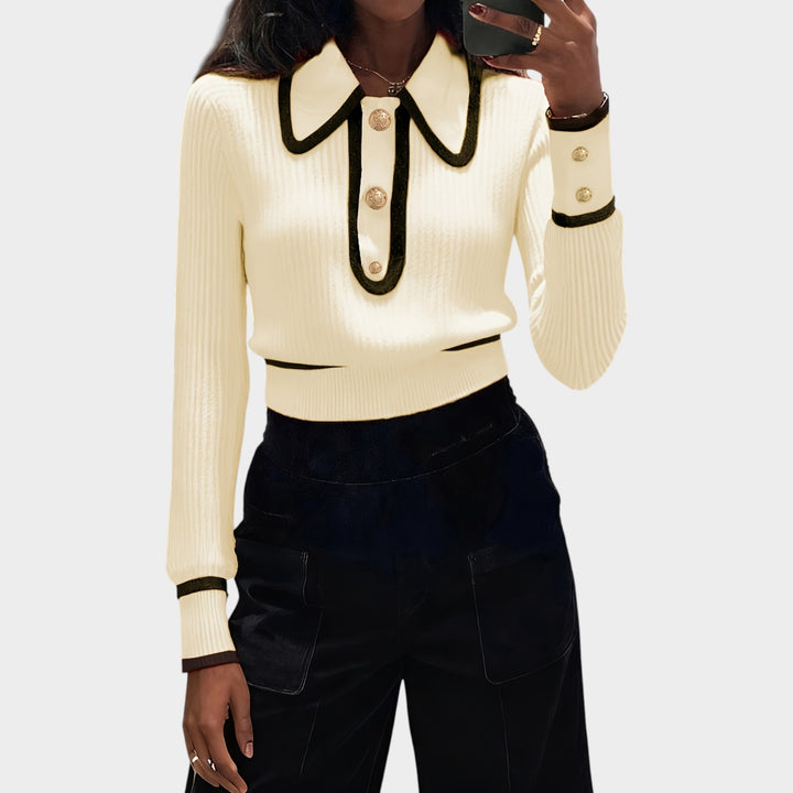 Women’s Knit Sweater Spliced Lapel Metal Button Detail