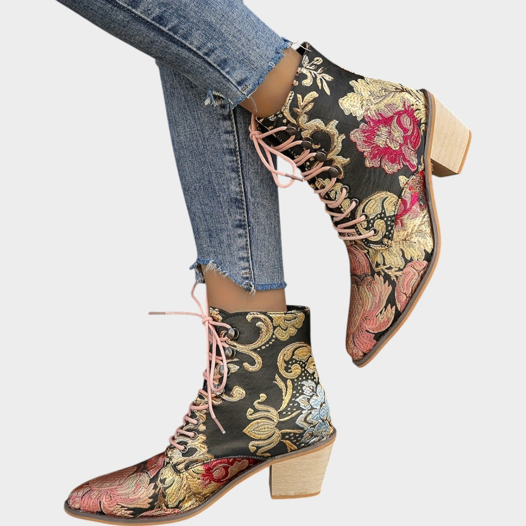 Women’s Ankle Boots Floral Embroidered Block Heel