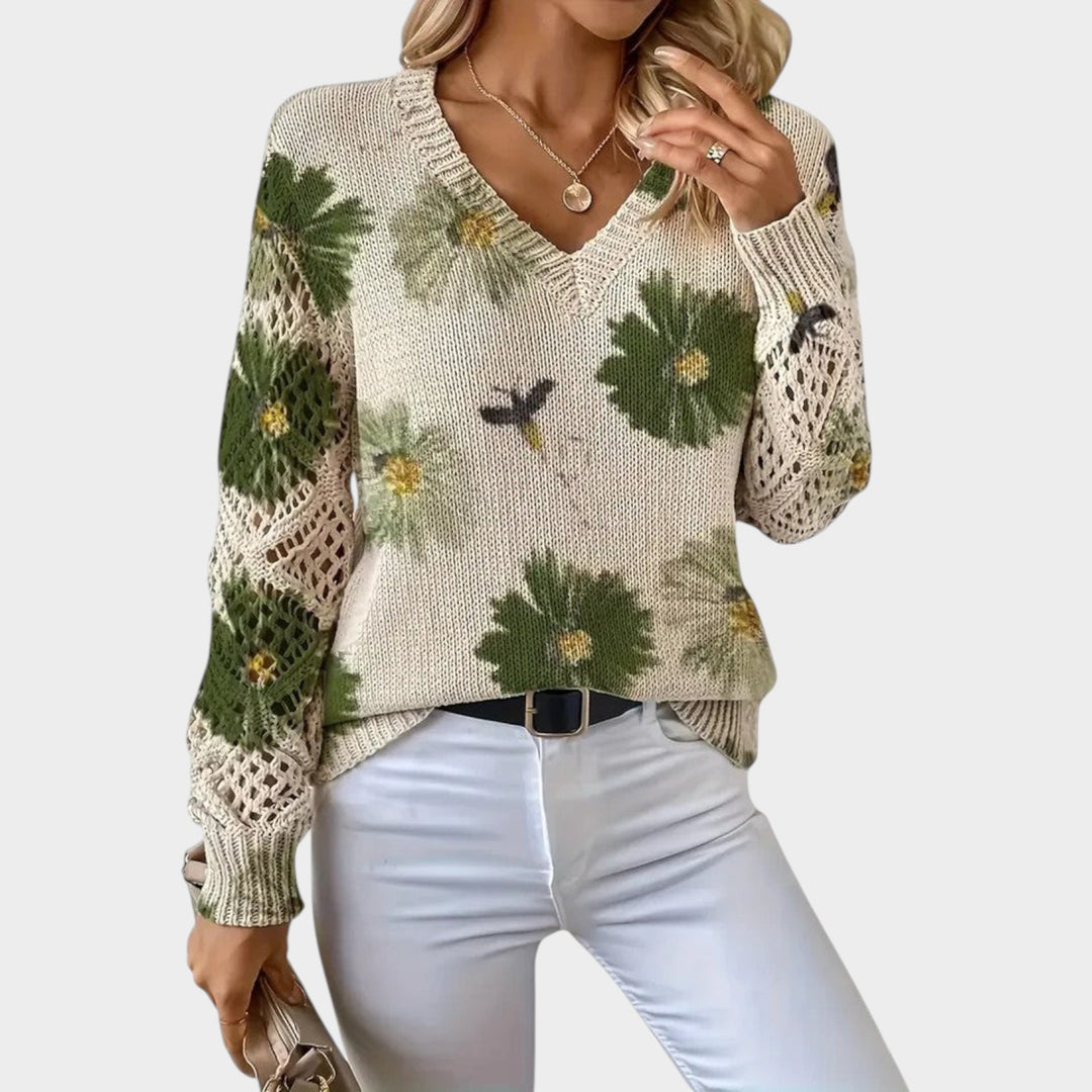Women’s Floral Knitted Sweater Polished V Neck